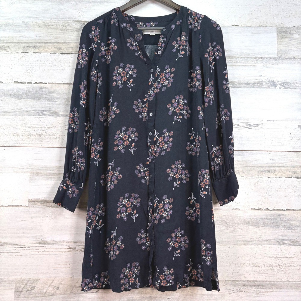 LOFT Womens XS Navy Blue Floral Button Front Long Sleeve Shift Dress Cottagecore